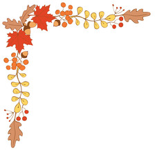 Wall Mural - Natural design vector collection - corner element of colorful acorns, leaves and berries. Theme of happy fall, forest, thanksgiving