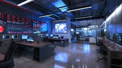 Wall Mural - A stylish and trendy office with a data visualization lab and interactive dashboards