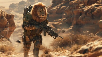 Wall Mural - A lion soldier in a futuristic combat suit with a rifle, walking through a desert landscape.