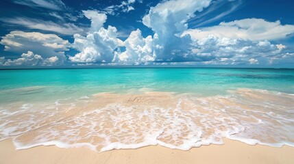 Tranquil beach scene showcasing turquoise waters, white sand, and a vibrant sky with colorful clouds.