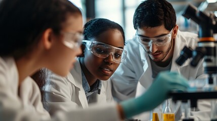 Poster - Three Lab Technicians Looking at Microscope in a Laboratory