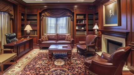 Wall Mural - A traditional law firm office with mahogany furniture and a fireplace