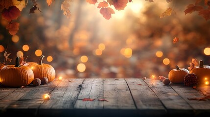 Wall Mural - A wooden table with an autumn background and bokeh lights in the background