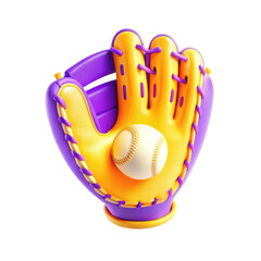 Poster - A 3D rendered baseball glove in colorful yellow and purple, holding a white baseball. Perfect for sports graphics or product display.