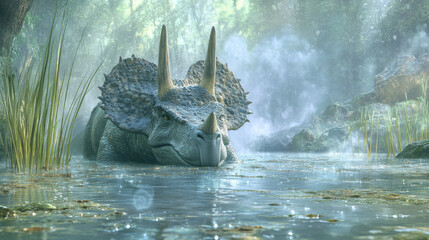 A dynamic scene featuring a triceratops-like dinosaur emerging from a misty, ancient swamp, water droplets on its scales, with long reeds