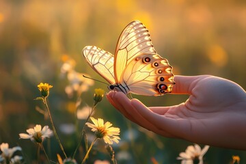 Beautiful Butterfly Landing on Hand in a Field of Flowers at Sunset