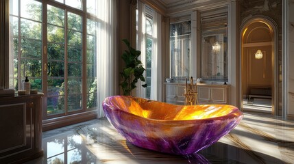 A vibrant crystal bathtub in an ultra-luxury mansion bathroom, surrounded by sleek marble and glass, bathed in natural light from high ceilings