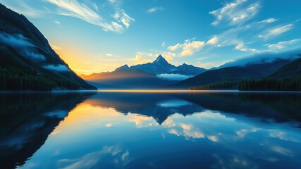 A serene, idyllic mountain lake at sunrise is reflected in calm, crystal-clear water, surrounded by lush greenery and misty peaks blending with a vibrant blue sky.