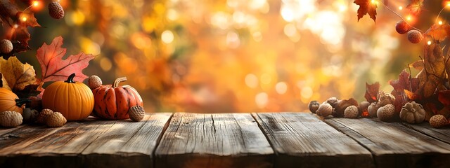 Wall Mural - A wooden table with an autumn background and bokeh lights in the background