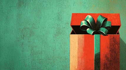 A vibrant red gift box with a green bow against a textured teal background, evoking a festive and cheerful atmosphere.