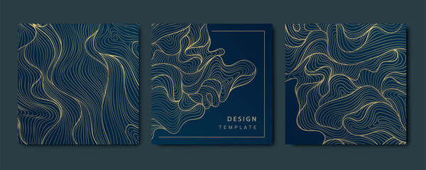Wall Mural - vector set of wave line gold on blue square cards, sea patterns, fluid premium illustrations, luxury