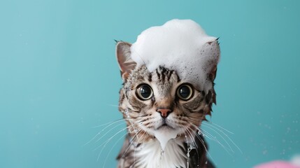 Cat with foam on its head, playful moment