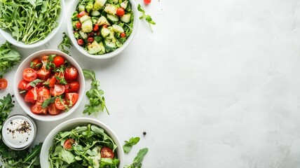 Wall Mural - Fresh green salads and vegetables in bowls on white surface