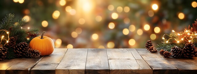 A wooden table with an autumn background and bokeh lights in the background