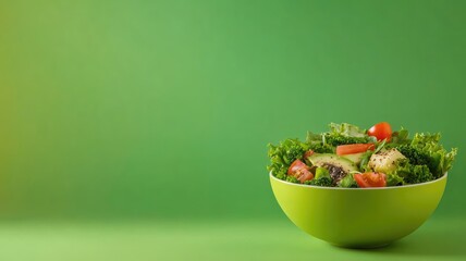 Fresh salad with tomatoes, lettuce, and cucumber in green bowl on background