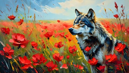 Wall Mural - Joyful wolf in a vibrant red flower field, surrounded by colorful grungy brush textures, capturing a whimsical and lively scene in oil painting style.