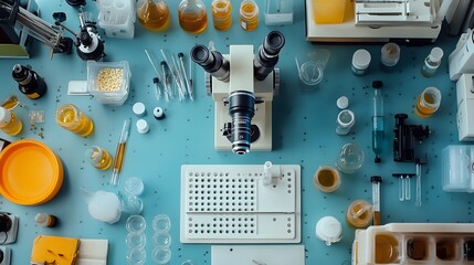 Poster - Overhead View of a Laboratory Workspace with a Microscope and Assorted Equipment