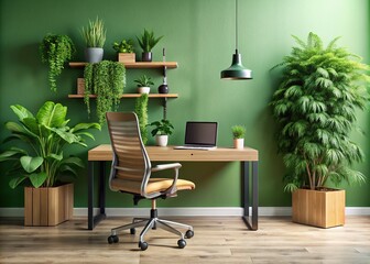 Modern office interior with sleek wooden desk, ergonomic chair, and lush green plants against a calming light green wall, creating a productive and peaceful atmosphere.