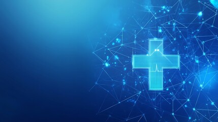 Poster - the medical health blue cross neon light shapes pattern is a healthcare technology background.