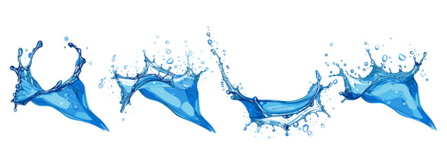 blue water splashing collection set isolated on white or transparent png vector illustration, water drop vector elements