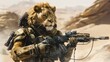 © B 7 YOU - A lion-headed soldier stands in a desert, holding a rifle.