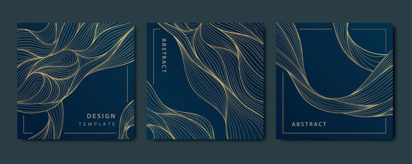 Canvas Print - Vector set of wave line gold on blue square cards, sea patterns, fluid premium illustrations, luxury graphic