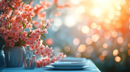 Wall Mural - Sunny Garden Table Featuring Vibrant Blossoms and Defocused Light Effects