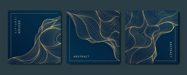 Wall Mural - vector set of wave line gold on blue square cards, sea patterns, fluid premium illustrations, luxury