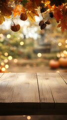 Wall Mural - A wooden table with an autumn background and bokeh lights in the background