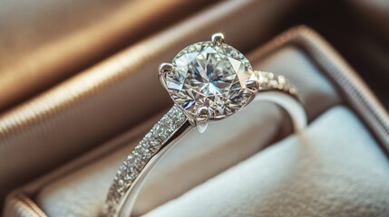 A close-up of a diamond ring in a satin-lined box, with intricate detail on the band and sparkling facets of the diamond visible.