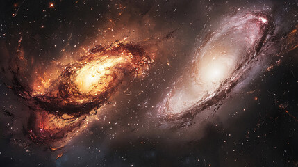 A dramatic depiction of two galaxies colliding in deep space, with streams of stars and gas being pulled together by gravitational forces.