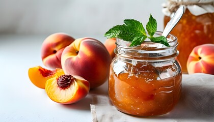 Canvas Print - Homemade peach jam in a glass jar surrounded by fresh ripe peaches on a bright white background