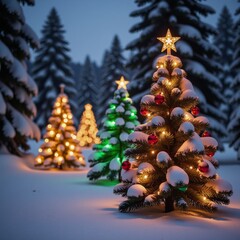 Winter forest backdrop with Christmas tree decorations as digital wallpaper header design