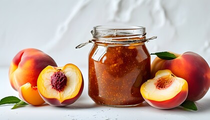 Canvas Print - Homemade peach jam in a glass jar surrounded by fresh ripe peaches on a bright white background