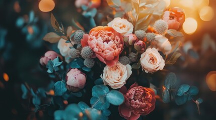 Wall Mural - Close-up of pink and peach flowers with green leaves and a blurry background.