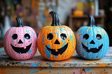 Three splatter-painted Halloween pumpkins in pink, orange, and blue with black jack-o'-lantern faces Generative AI