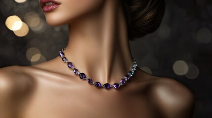 Wall Mural - A sophisticated woman wearing a silver necklace with amethyst and aquamarine gemstones, set against a soft, warm lighting that enhances the jewelryaes sparkle.