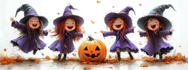 Wall Mural - Four adorable little witches with red hair, dressed in purple robes and pointy hats, holding brooms, surrounded by pumpkins, Generative AI