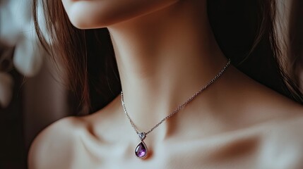 Wall Mural - A woman wearing a silver necklace with amethyst and aquamarine gemstones, captured in soft lighting that accentuates the necklaceaes shine.