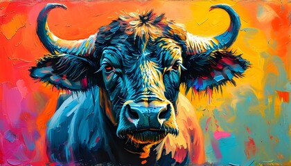 Joyful buffalo in vibrant oil painting style with a colorful, grungy brush texture