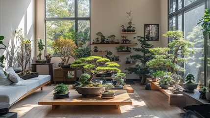 Wall Mural - Sunny Living Room with Bonsai Trees and Wooden Furniture.