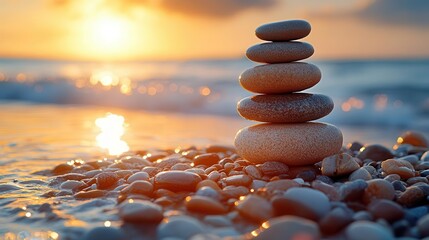 Zen Serenity: Balanced Stones at Sunset Reflecting Harmony and Tranquility by the Sea