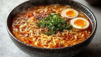 a beautiful bowl of asian noodle soup steaming ramen presented from a topdown view on a clean white background highlighting the deliciousness of this dish