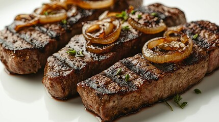 Wall Mural - Three Grilled Steak Medallions Topped with Caramelized Onion Rings and Thyme Sprigs