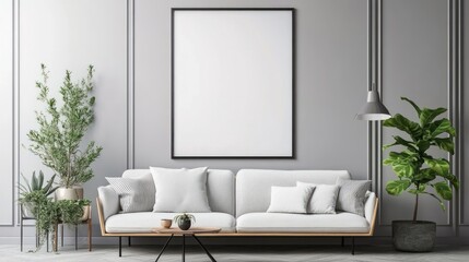 Wall Mural - White sofa with black framed poster, grey walls, and plants in grey and white pots on wooden floor.