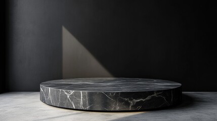 Poster - 3D Product Table in Empty Studio. Dark Concrete Podium with Marble Countertop Mockup