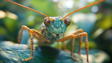 Wall Mural - Close-up of a Vibrant Blue and Orange Insect on a Leaf