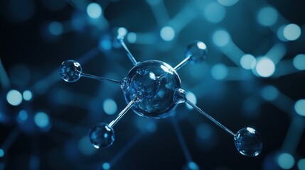 Sticker - abstract 3d rendering of a molecular structure with blue spheres connected by lines, against a bokeh