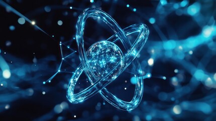 Sticker - abstract glowing blue atom with interconnected nodes and a dark blue background.