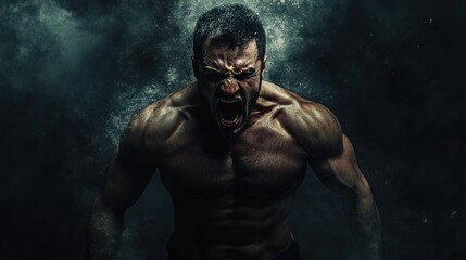 a muscular man with a powerful physique screams with fury and determination, his body engulfed in a 